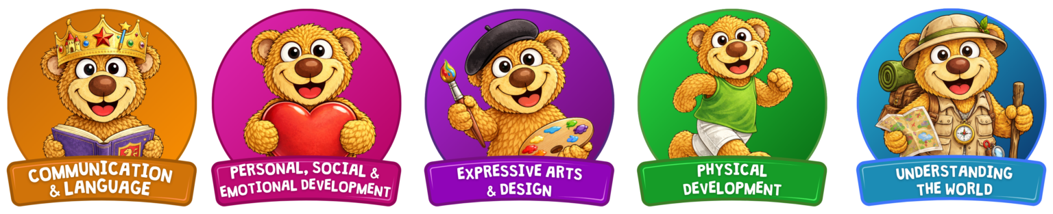 The EYFS 5 pillars our schemes of work align with: Communication & Language; Physical Development; Personal, Social & Emotional Development; Literacy and Expressive Arts & Design